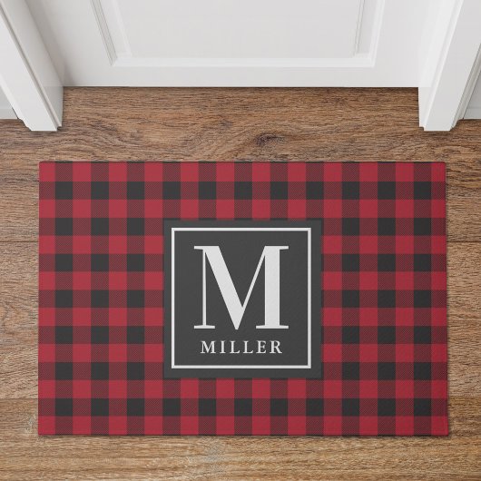 Farmhouse Black Red Buffalo Pset Custom Monogram Deurmat