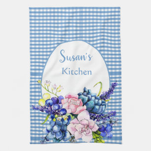 Farmhouse Blue Gingham and Rozen Personalized Theedoek