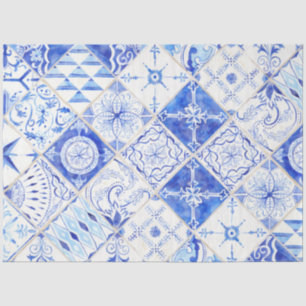 Farmhouse Blue White Diamond Tile Wood Decoupage 2 Tissuepapier