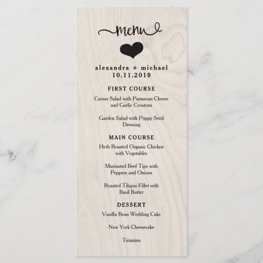 Farmhouse Chic | Menu Mariage Bois blanc et Coeur (Devant)