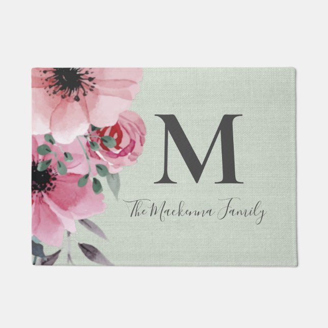 Farmhouse Monogram Personalized Burlap Sage Green Deurmat (Voorkant)