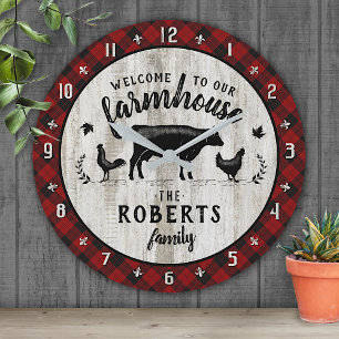 Farmhouse Naam Rustic Buffalo Pset Barn Wood Kool Ronde Klok