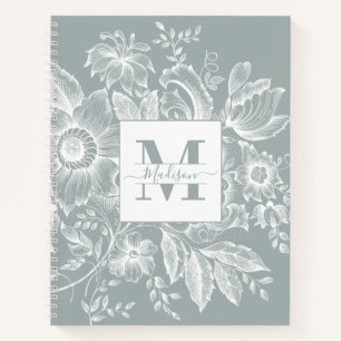 Farmhouse Peony Monogram Navy Light Grey Notitieboek