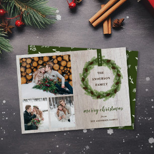 Farmhouse Pine Wreath Merry Kerstmis 3 Foto Feestdagenkaart