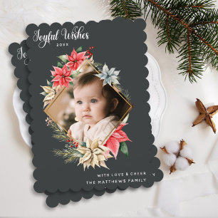 Farmhouse Poinsettia Joyful Wishes Diamond Photo Feestdagenkaart