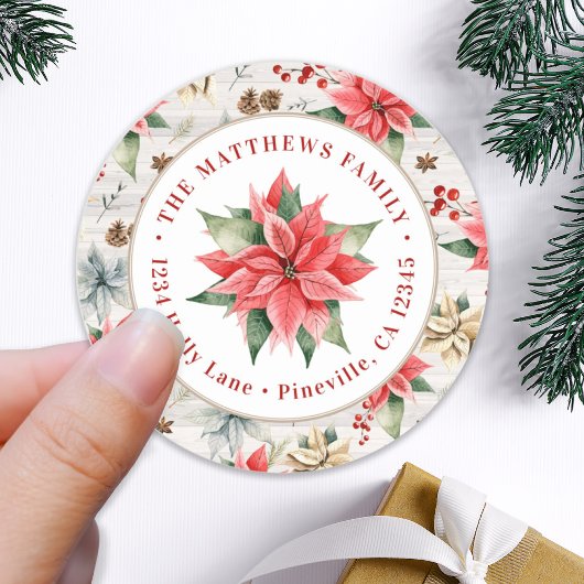 Farmhouse Poinsettia Round Return Address Label