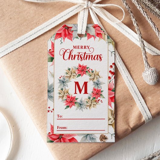 Farmhouse Poinsettia Rustic Monogramc Kerstmis Cadeaulabel