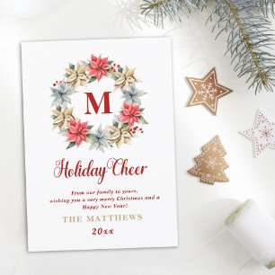 Farmhouse Poinsettia Wreator met Letter Monogram Feestdagenkaart