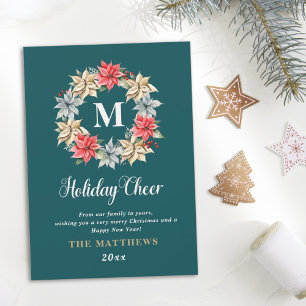 Farmhouse Poinsettia Wreator met Letter Monogram Feestdagenkaart