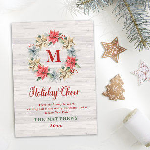 Farmhouse Poinsettia Wreator met Letter Monogram Feestdagenkaart