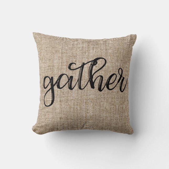 Farmhouse Rustic Brown Sacking Burlap GATHER Kussen (Voorkant)