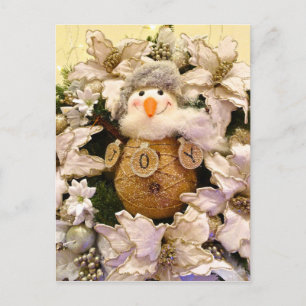 Farmhouse Rustic Burlap Snowman Poinsettia Holiday Briefkaart