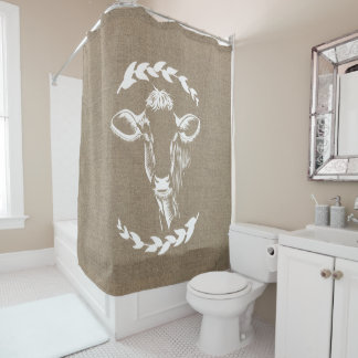 Farmhouse Rustic Faux Burlap Laurels Dairy Cow Douchegordijn