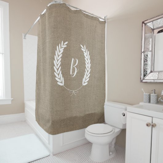 Farmhouse Rustic Faux Burlap Laurels Script Mono Douchegordijn (In situ)