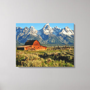 Farms Barn Shadowed by Snow Capped Mountains Canvas Afdruk
