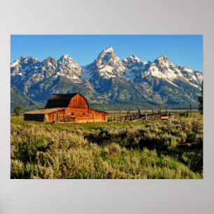 Farms Barn Shadowed by Snow Capped Mountains Poster