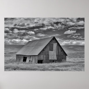 Farms BW American Flag Barn Scene Poster