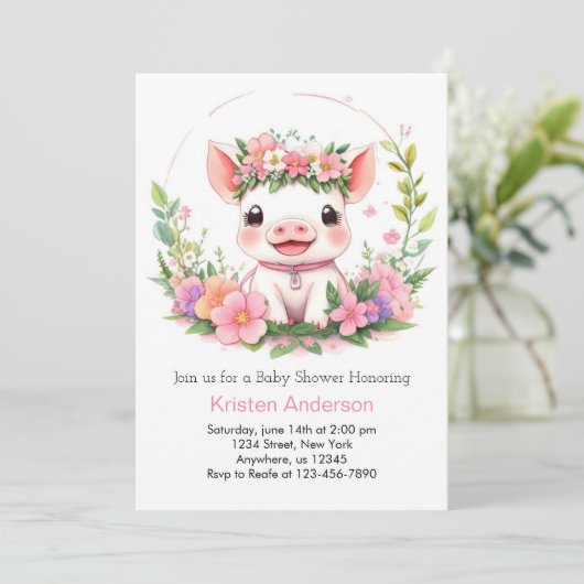 Farmyard Adventure Roze Piggy Meisje Baby shower Kaart (Staand voorkant)