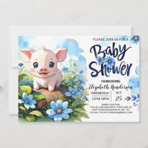 Farmyard Fun Pig Blue Baby shower Kaart
