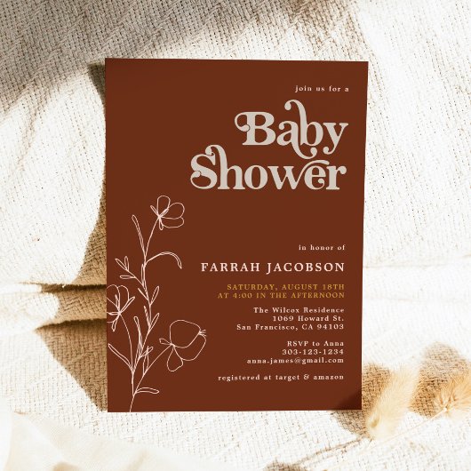 FARRAH Retro 70's Rust Mustard Baby shower Kaart