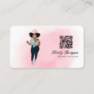 Fashionable Afro Fitness Instructor Girl QR Code Visitekaartje