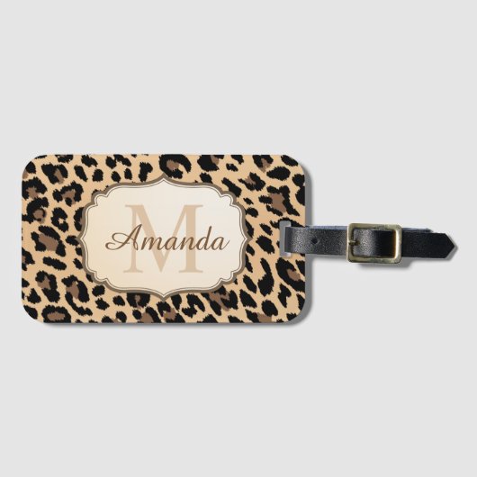 Fashionable Cream Leopard Print Monogram Bagagelabel (Voorkant (horizontaal))