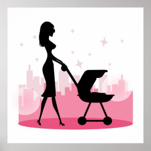 Fashionable Mammie Pushing Baby Carriage Poster