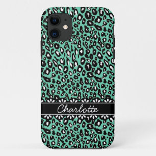 Fashionable Mint Leopard Print and Lace iPhone 11 Hoesje