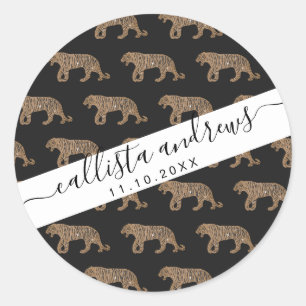 Fashionista Gold Black Glitter Tiger Pattern Ronde Sticker