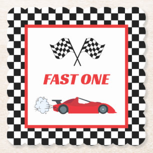 Fast een rode retro race auto thema jongen verjaar kartonnen onderzetters