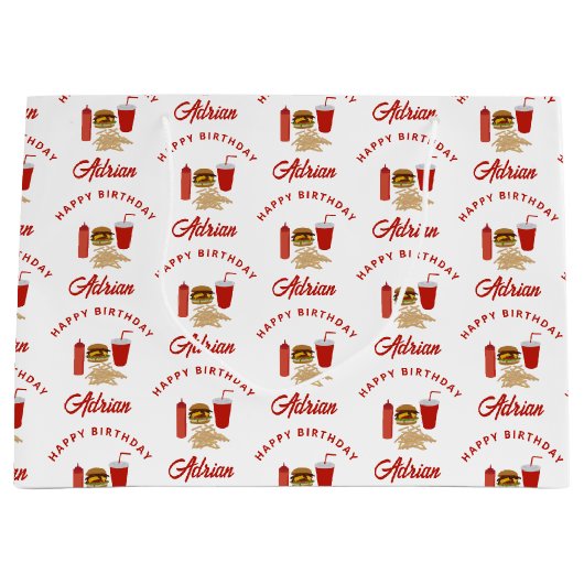 Fast Food Burger Fries Patroon Verjaardagsnaam Groot Cadeauzakje (Voorkant)