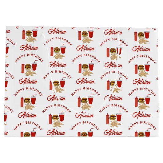 Fast Food Burger Fries Patroon Verjaardagsnaam Groot Cadeauzakje (Achterkant)