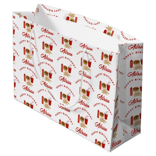 Fast Food Burger Fries Patroon Verjaardagsnaam Groot Cadeauzakje (Achterkant Gekanteld)