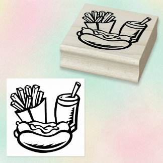 Fast Food Frisdrank Frites Hotdog Houten Kunst Ste Rubberstempel
