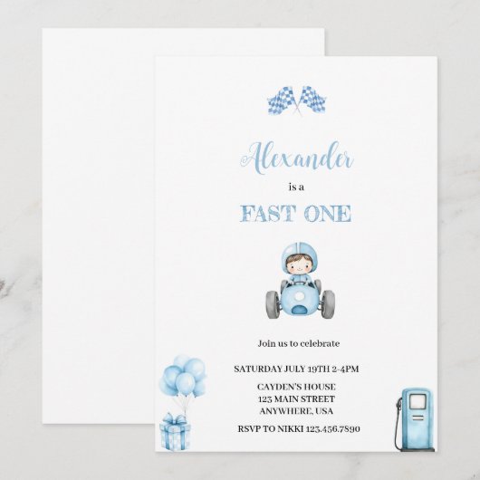 FAST ONE BLUE CAR INVITATION (Devant / Derrière)