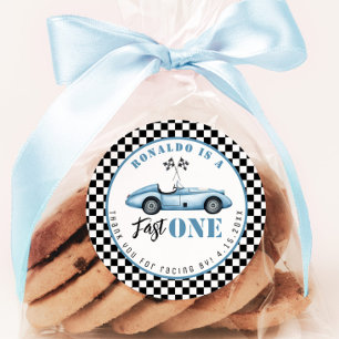Fast One Blue race auto Boy Verjaardag Bedankt Ronde Sticker