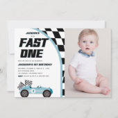 Fast One Blue Race Auto Verjaardagsfeestfoto Kaart (Voorkant)