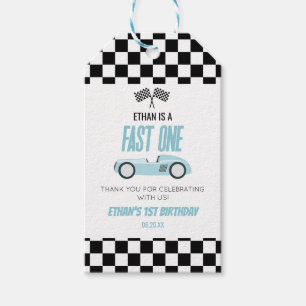 Fast One Blue Race Car 1e verjaardagsfeestje Cadeaulabel