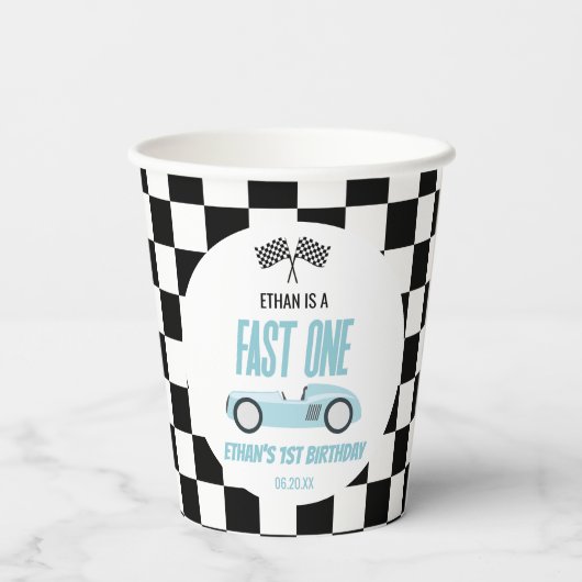 Fast One Blue Race Car 1e verjaardagsfeestje Papieren Bekers (Achterkant)