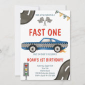 Fast One Blue Race Car 1er Invitation anniversaire (Devant)