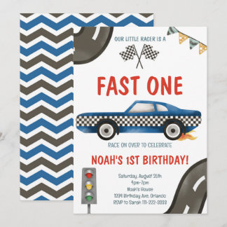 Fast One Blue Race Car 1er Invitation anniversaire