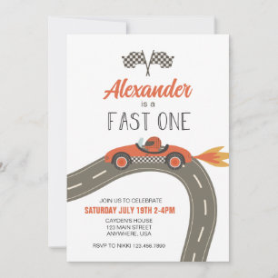 Fast One Blue Race Car Birthday Invitation Kaart