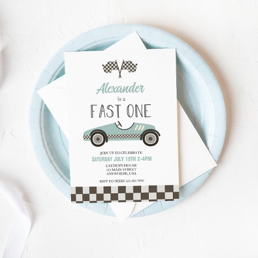 Fast One blue Race Car Invitation Anniversaire