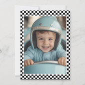 Fast One Blue raceauto Boy 1st Birthday Foto Kaart (Achterkant)
