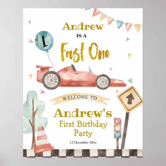 Fast One Boy First Birthday Racing Affiche de bien (Devant)