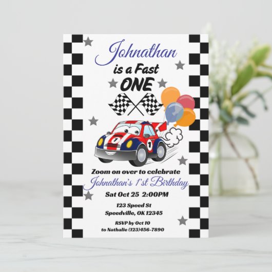 Fast One Boy's Eerste Verjaardag Uitnodiging Race  (Staand voorkant)