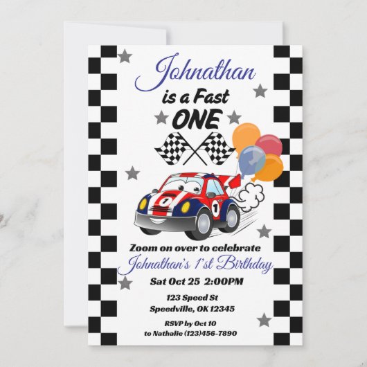Fast One Boy's First Birthday Invitation Race Car (Devant)
