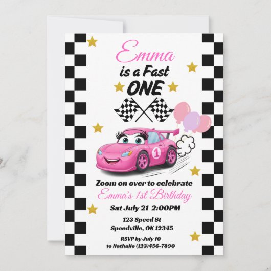 Fast One Girl's First Birthday Invitation Race Car (Devant)