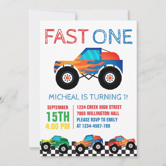 Fast One Monster Truck Eerste Verjaardag Kaart (Voorkant)