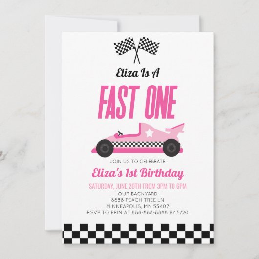 Fast One Pink Flame Race Auto 1e Verjaardagsfeest Kaart (Voorkant)